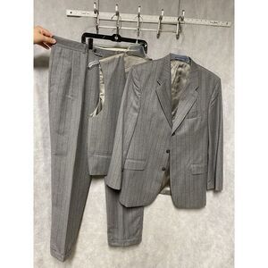 Bachrach Suit Men 42R Gray Striped 3 Piece Vest Flannel Wool 36 X34 Pants Luxury